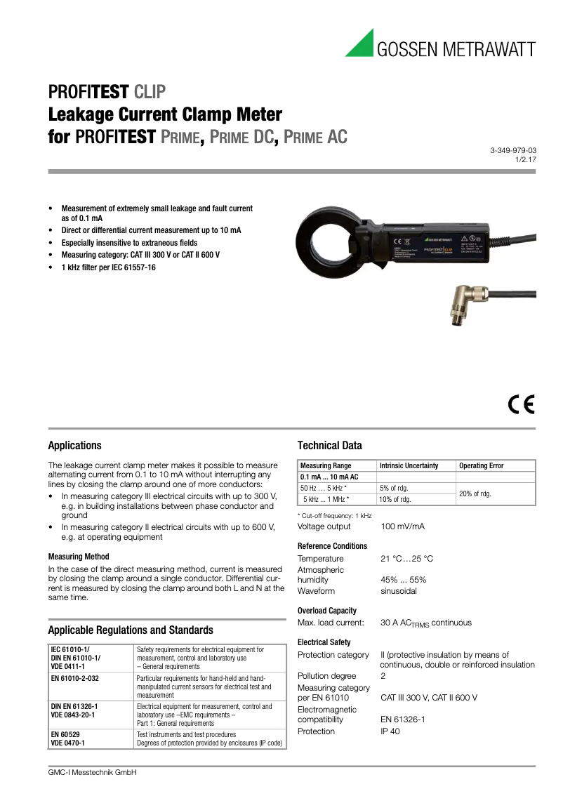 Page 1 de la notice Fiche technique Gossen Metrawatt PROFITEST CLIP