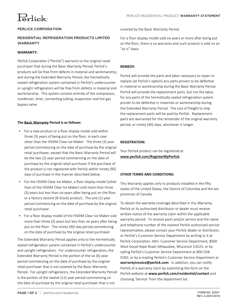 Page 1 de la notice Mode d'emploi Perlick C-Series HC24BB-3-4L