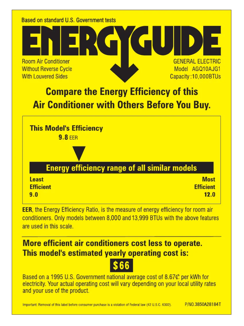 Page 1 de la notice Label énergétique GE AGQ10AJ