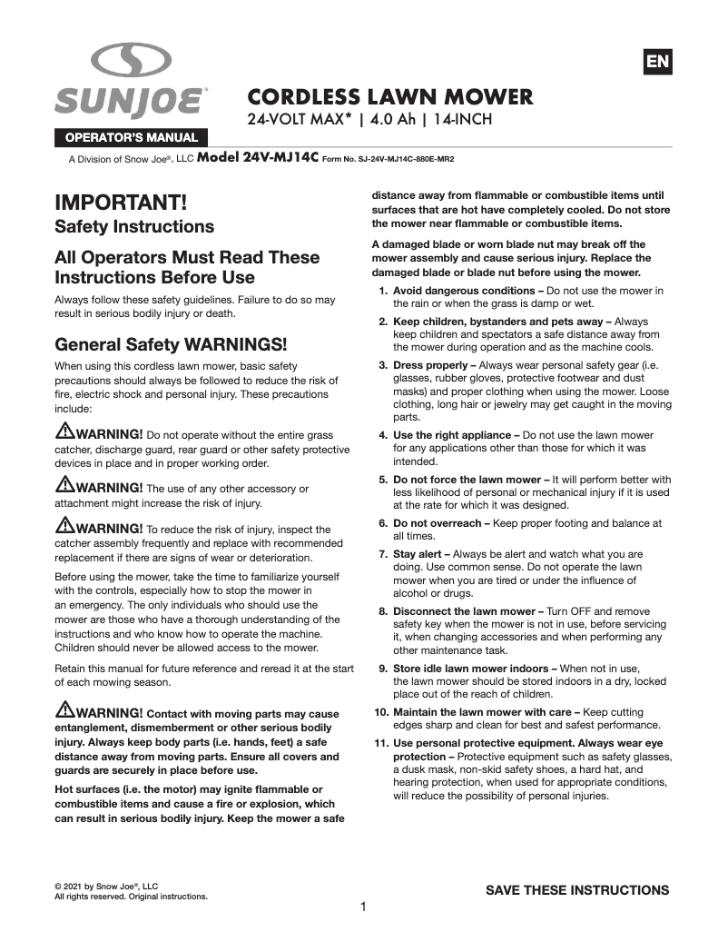 Page n°1 - Manuel utilisateur Sun Joe 24V-MJ14C