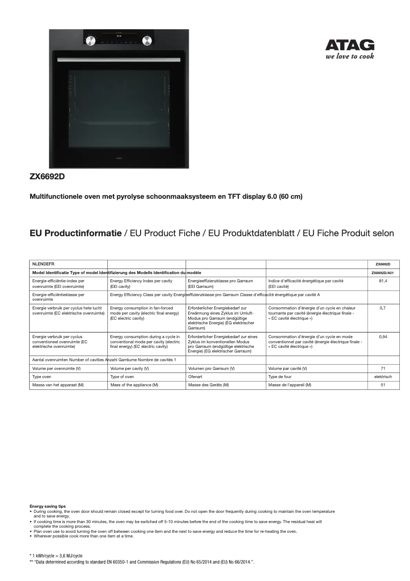 Page 1 de la notice Manuel utilisateur Atag ZX6692D