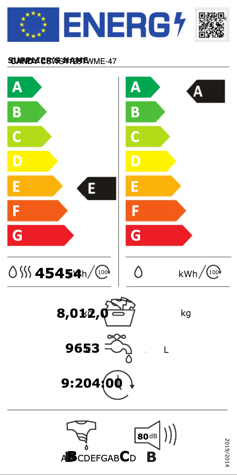 Page n°1 - Label énergétique Candy CSWS4128TWME-47