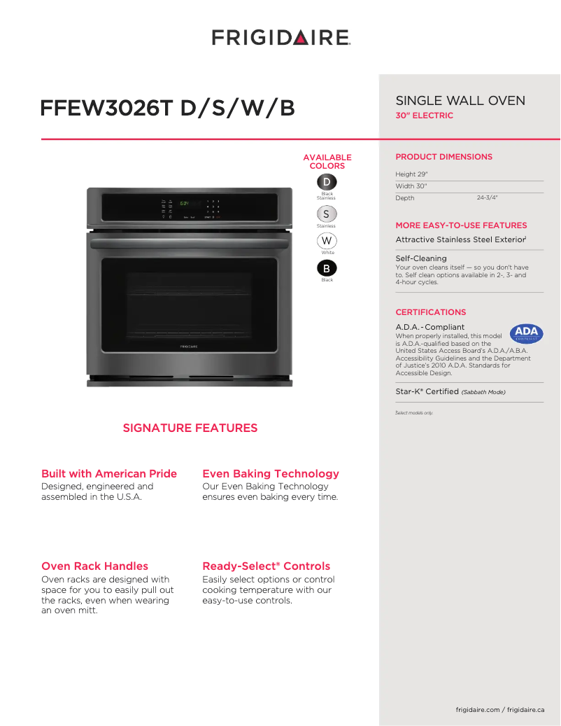 Page n°1 - Fiche technique Frigidaire FFEW3026TS