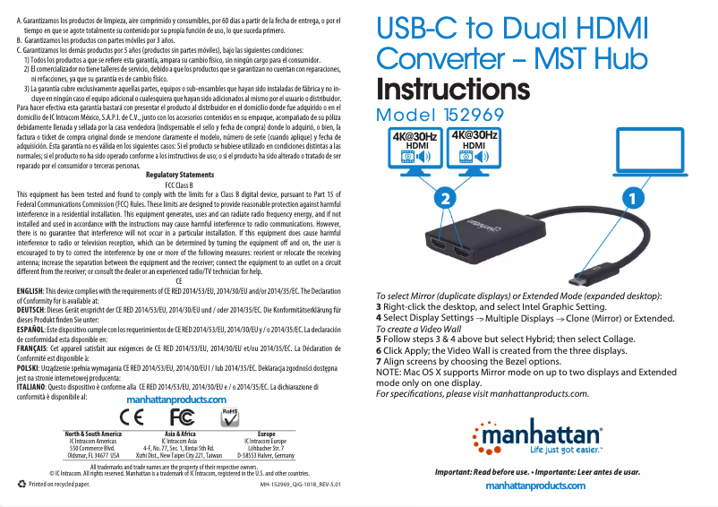 Page 1 de la notice Manuel utilisateur Manhattan 152969