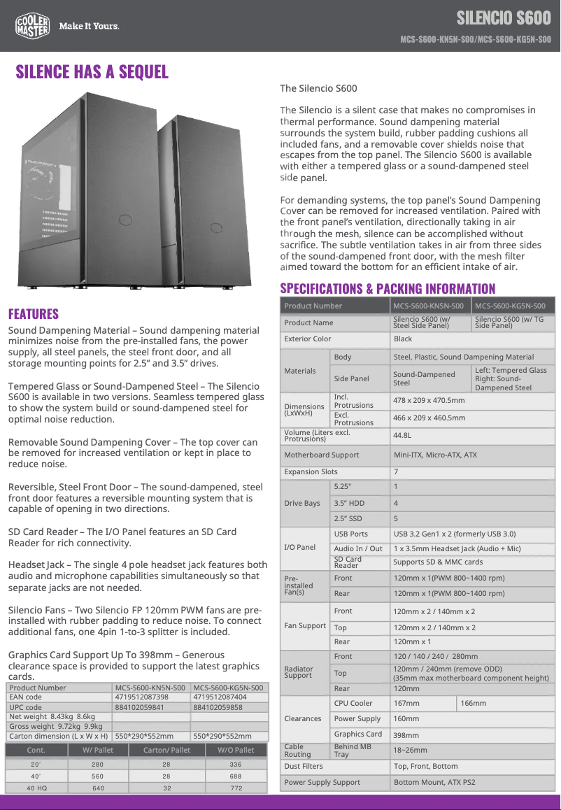 Page 1 de la notice Fiche technique Cooler Master Silencio S600