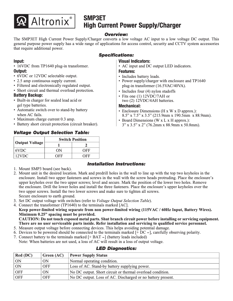Page n°1 - Manuel utilisateur Altronix SMP3ET