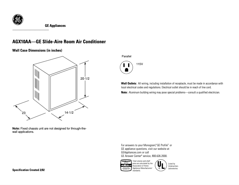 Página 1 del manual Ficha técnica GE AGX10AA