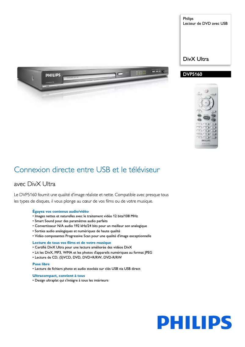 Page 1 de la notice Fiche technique Philips DVP5160