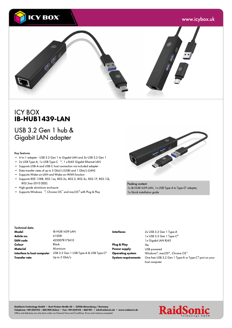 Page n°1 - Fiche technique Icy Box IB-HUB1439-LAN