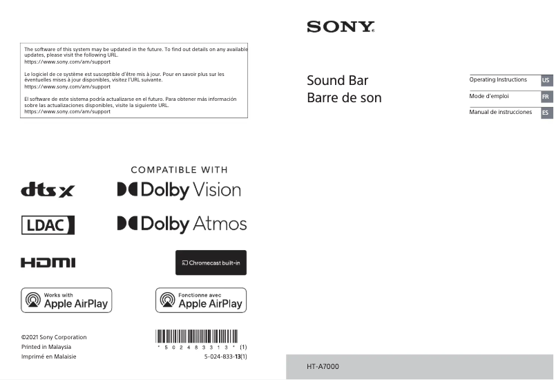 Page 1 de la notice Manuel utilisateur Sony HT-A7000