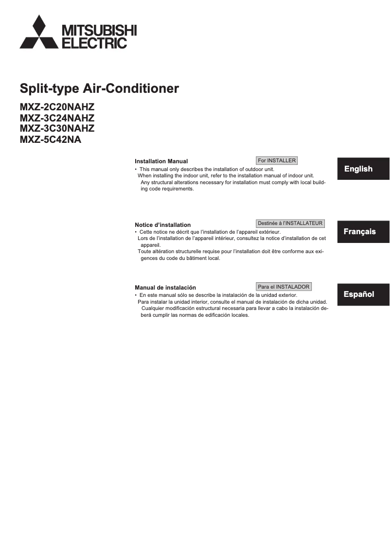 Page 1 de la notice Guide d'installation Mitsubishi MXZ2C20NAHZ