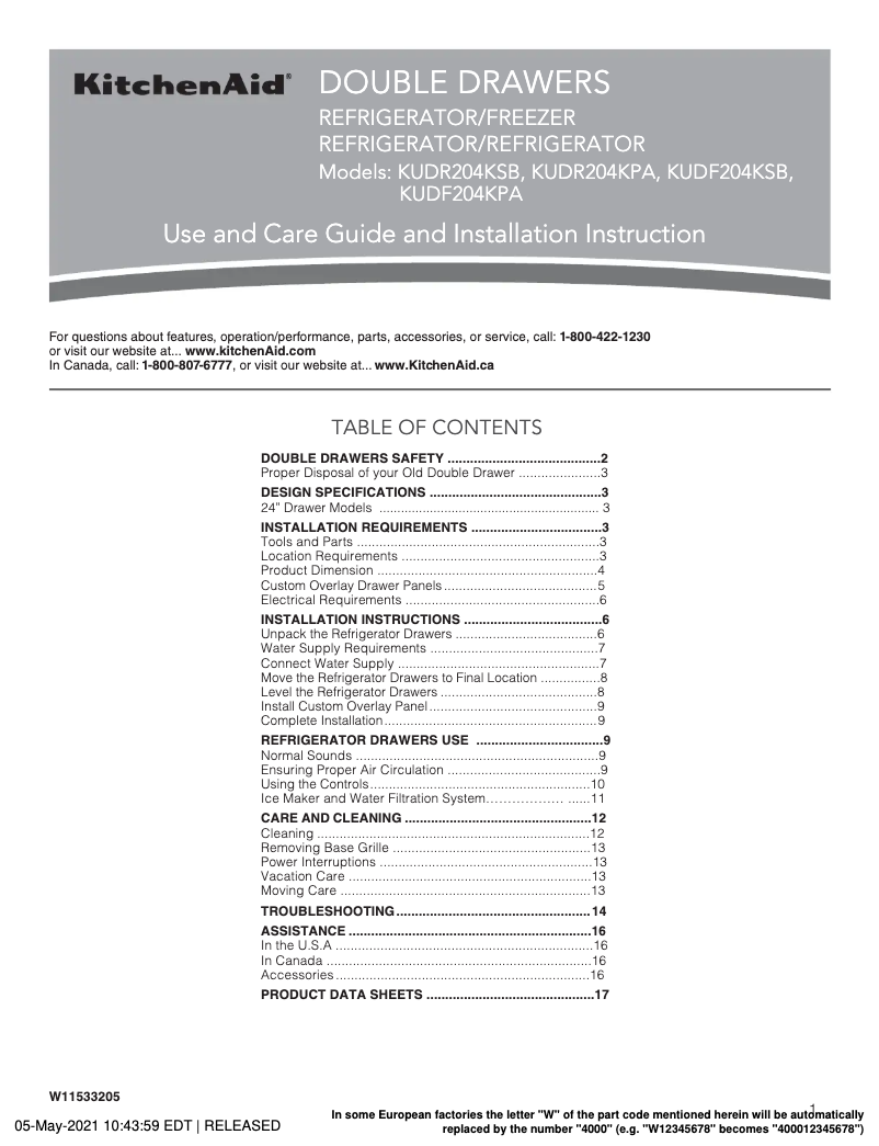 Imagen de la primera página del manual del dispositivo KUWR214KSB
