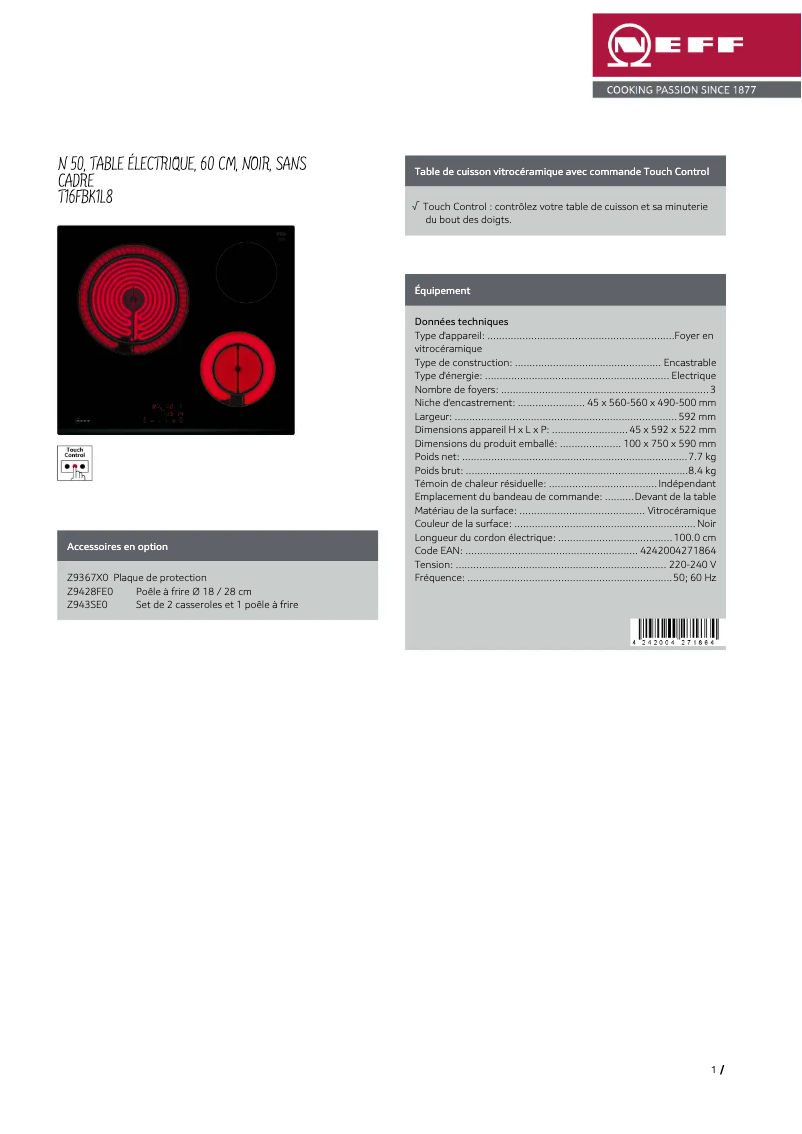Page n°1 - Fiche technique Neff T16FBK1L8