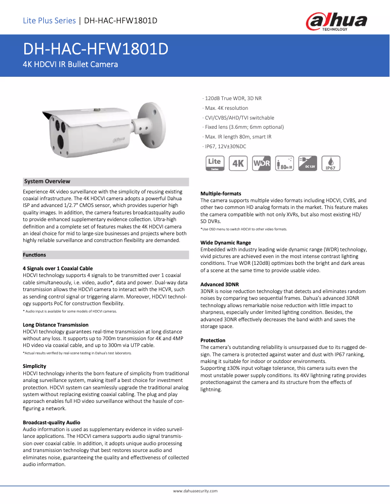 Page n°1 - Fiche technique Dahua Technology HAC-HFW1801D