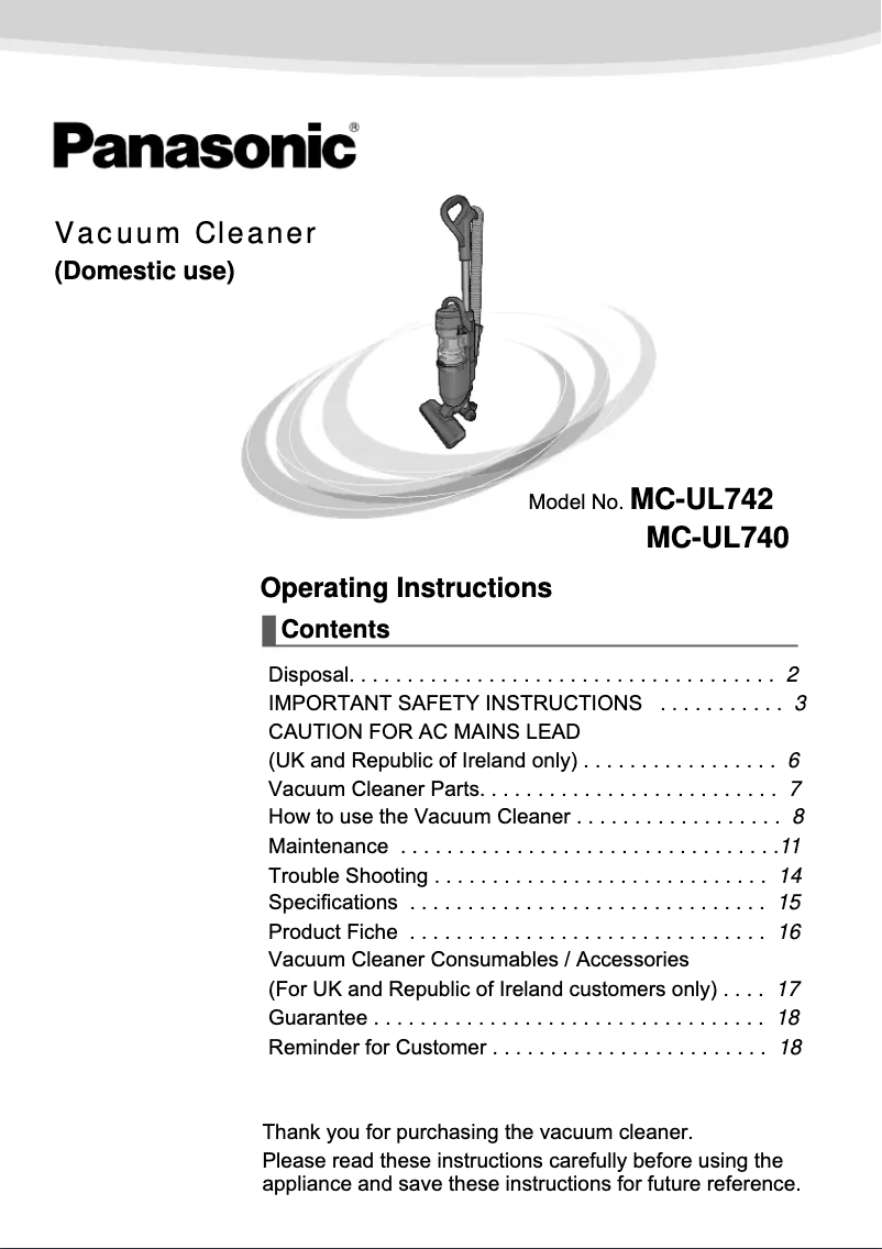 Page n°1 - Manuel utilisateur Panasonic MC-UL742