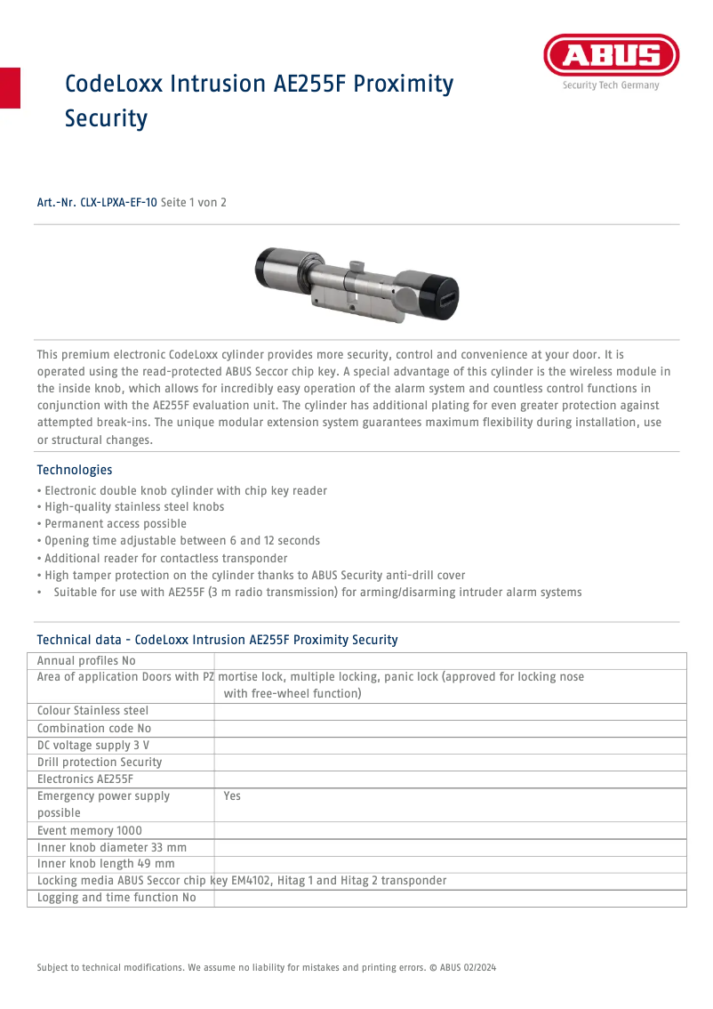 Page 1 of the manual Technical Sheet Abus CLX-LPXA-EF-10-P