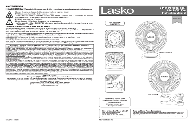 Page 1 de la notice Manuel d'utilisation et d'entretien Lasko 2002W