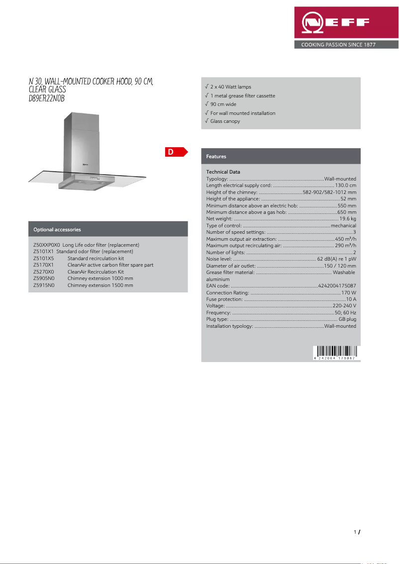Page 1 de la notice Fiche technique Neff D89ER22N0B
