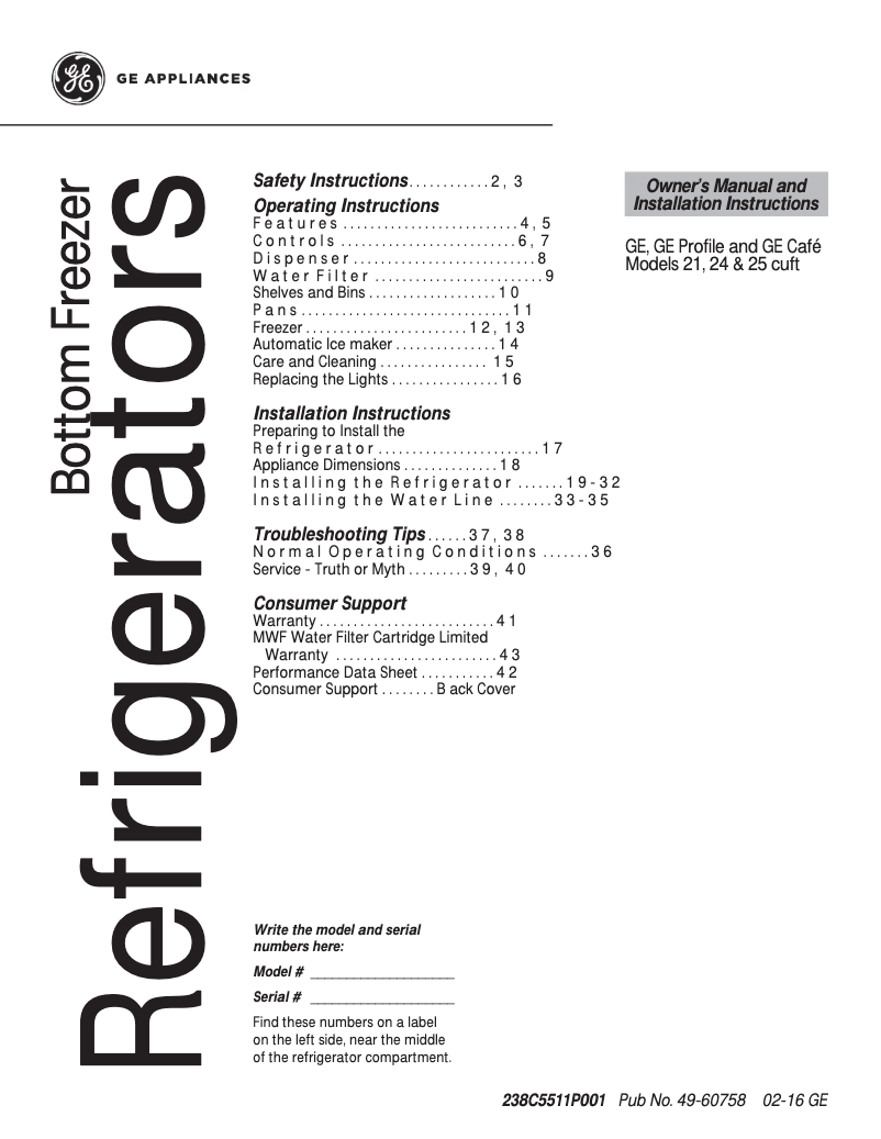 Page n°1 - Manuel d'utilisation et d'entretien GE Artistry ABE21DGKWS