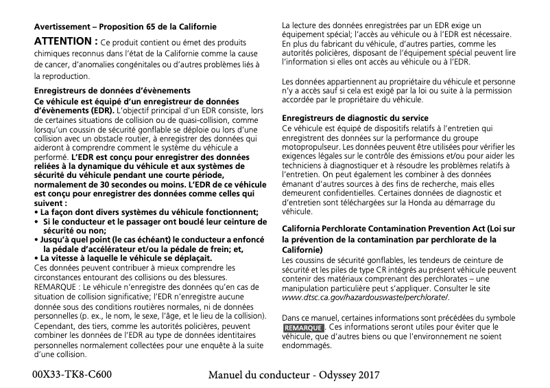 Page 1 de la notice Manuel utilisateur Honda Odyssey (2017)
