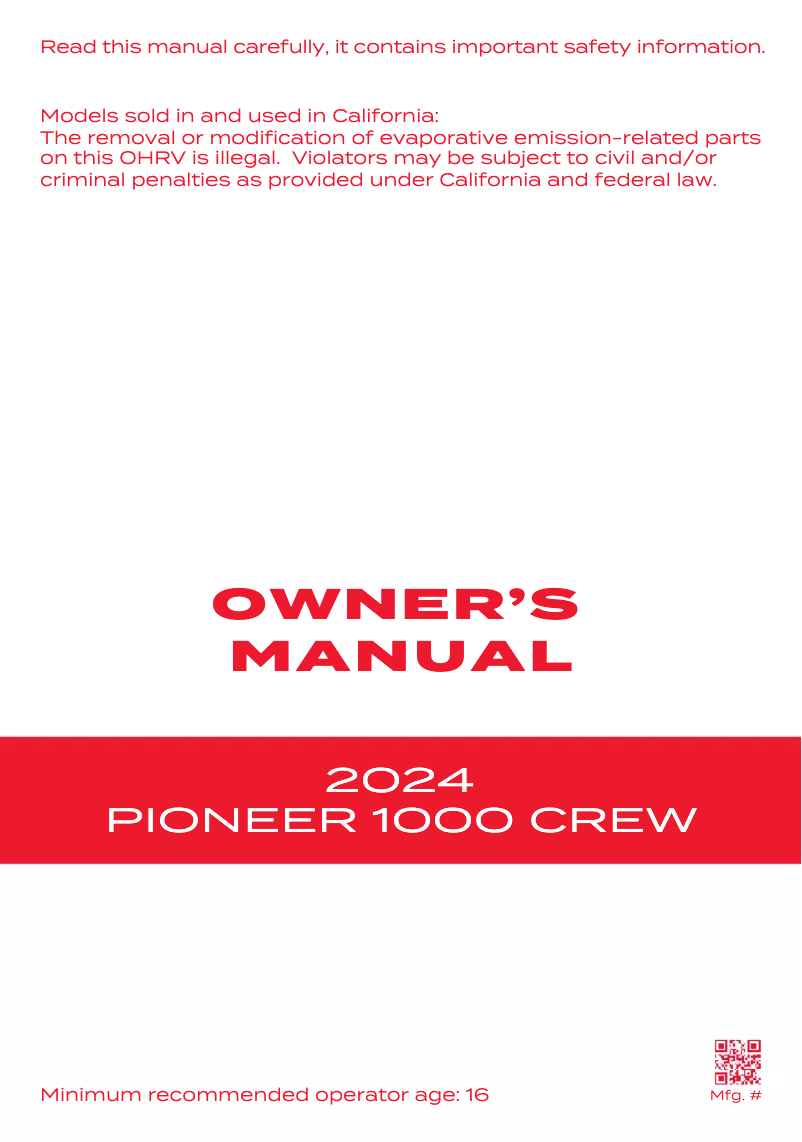 Page 1 de la notice Manuel utilisateur Honda Pioneer 1000 Crew (2024)