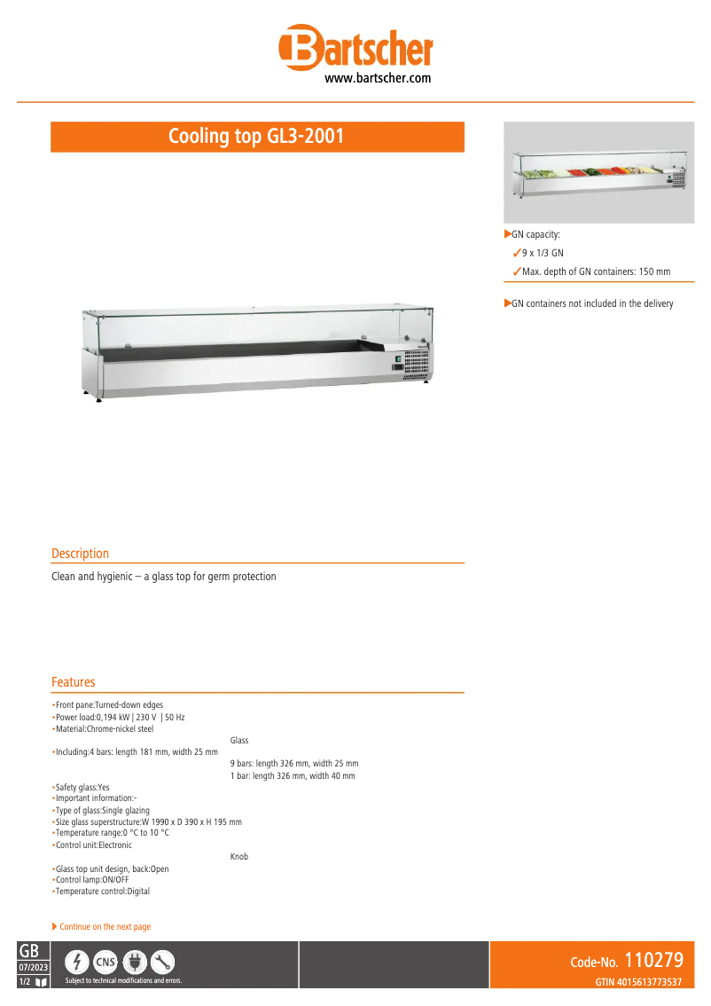 Page 1 de la notice Fiche technique Bartscher GL3-2001