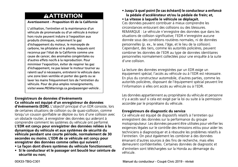 Page 1 de la notice Manuel utilisateur Honda Civic Coupe (2019)