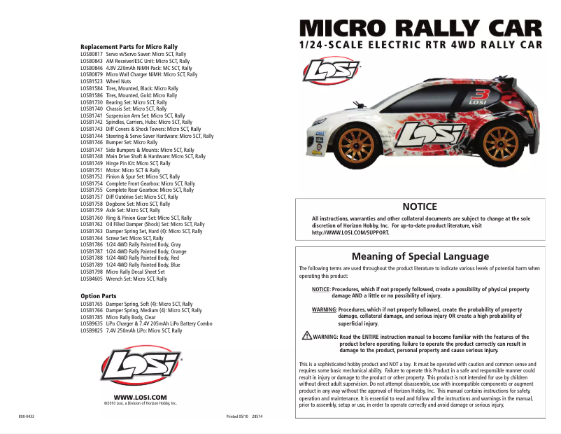 Page 1 de la notice Manuel utilisateur Losi 1/24 4WD Rally Car RTR