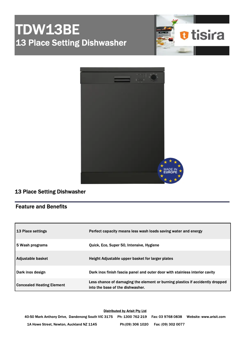 Page 1 de la notice Fiche technique Tisira TDW13BE
