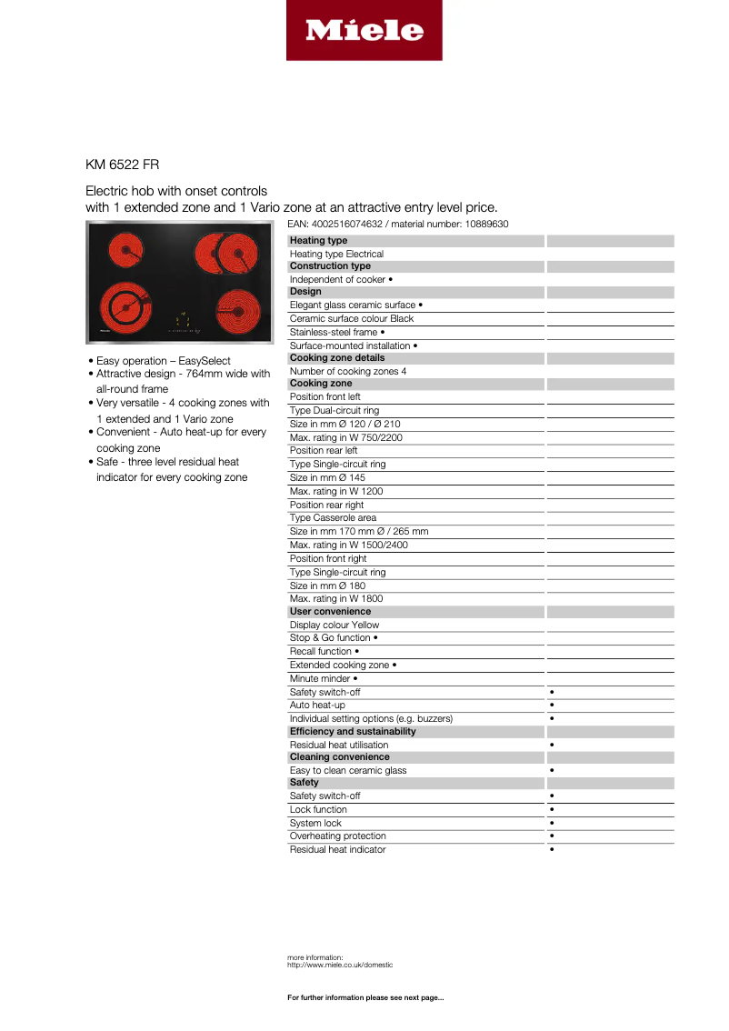 Page n°1 - Fiche technique Miele KM 6522 FR