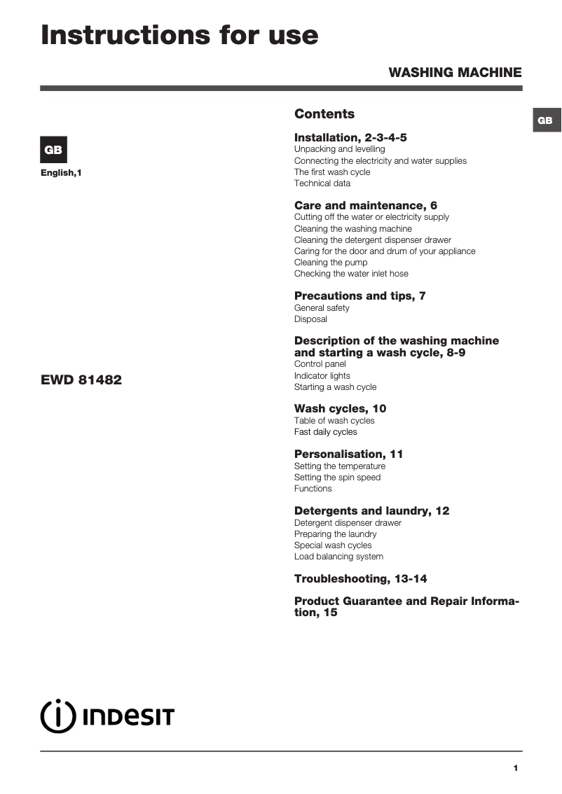 Page n°1 - Mode d'emploi Indesit EWD 81482 S UK