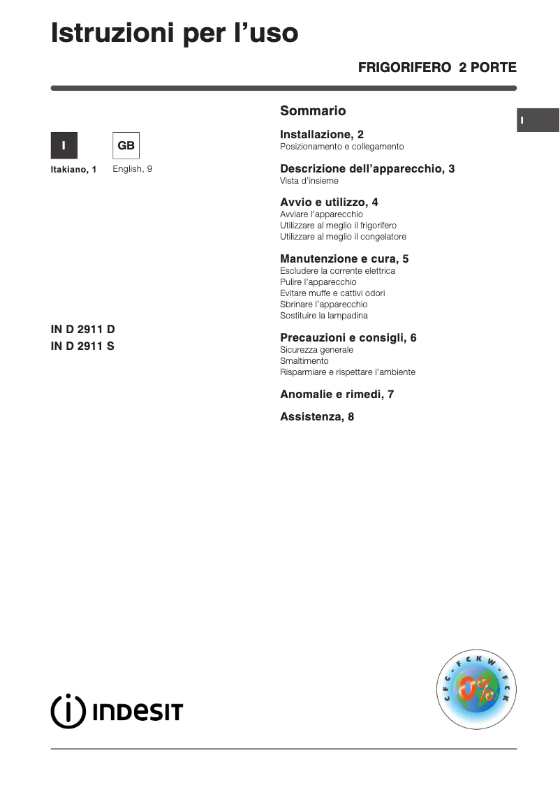 Page 1 de la notice Manuel utilisateur Indesit Doble puerta IN D 2911 D