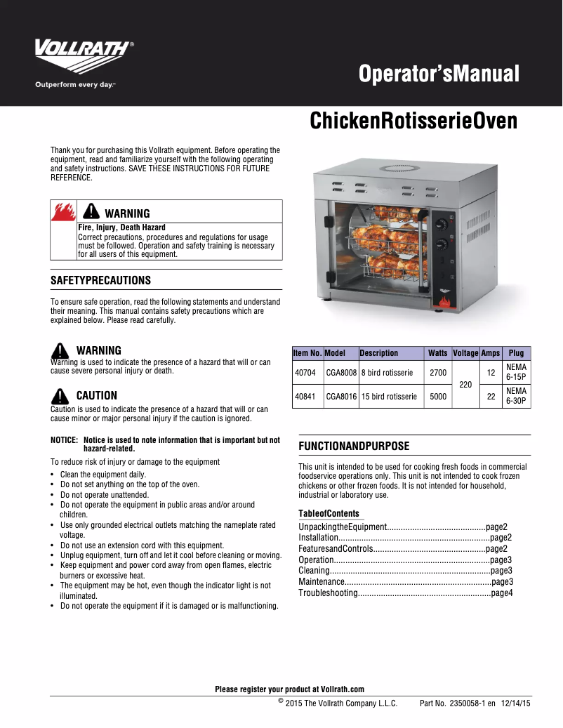Page n°1 - Manuel utilisateur Vollrath CGA8016