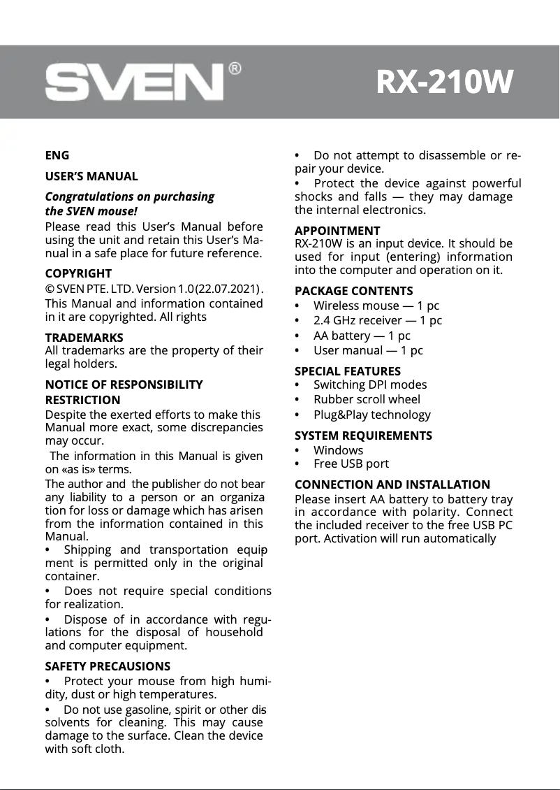 Imagen de la primera página del manual del dispositivo RX-210W