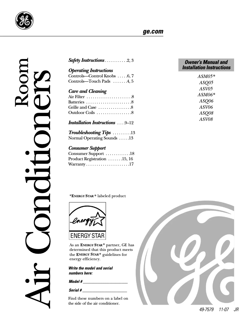 Page 1 de la notice Manuel d'utilisation et d'entretien GE ASM06LL
