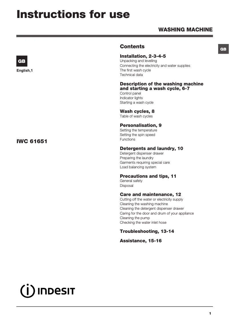 Page n°1 - Manuel utilisateur Indesit IWC 61651