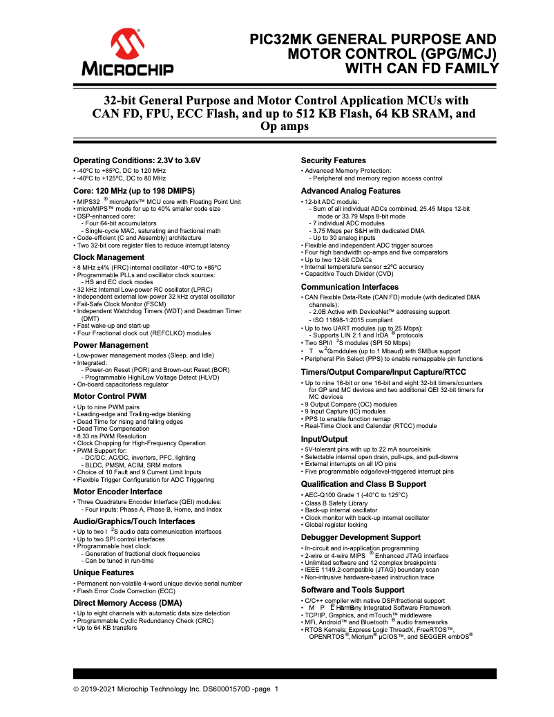 Page 1 de la notice Fiche technique Microchip PIC32MK0256GPG048