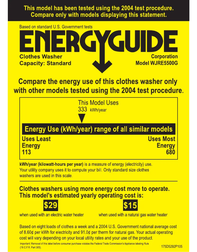 Page 1 de la notice Label énergétique GE WJRE5500GWW
