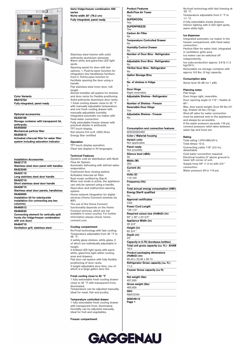 Página 1 del manual Ficha técnica Gaggenau RB472704