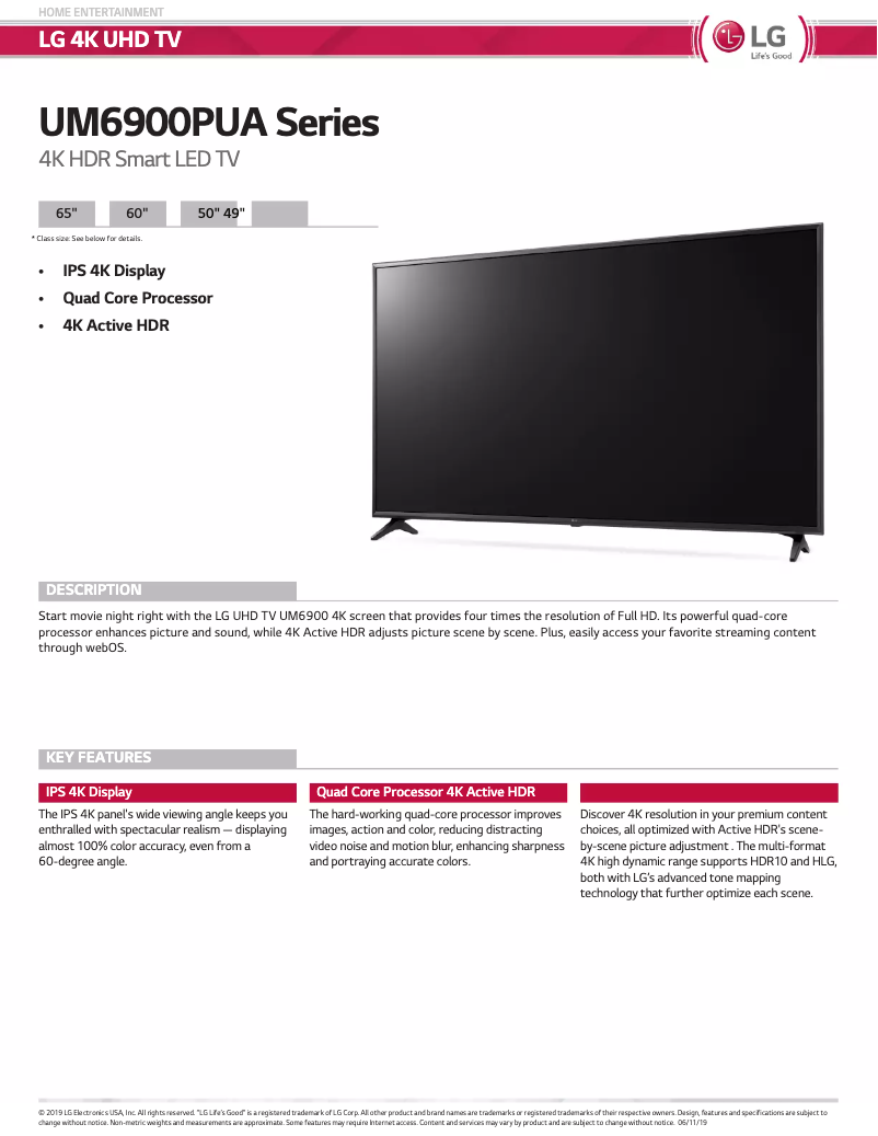Page 1 de la notice Fiche technique LG 65UM6900PUA