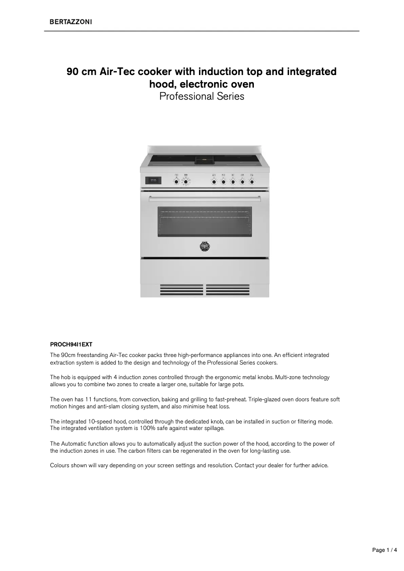 Página 1 del manual Ficha técnica Bertazzoni PROCH94I1EXT