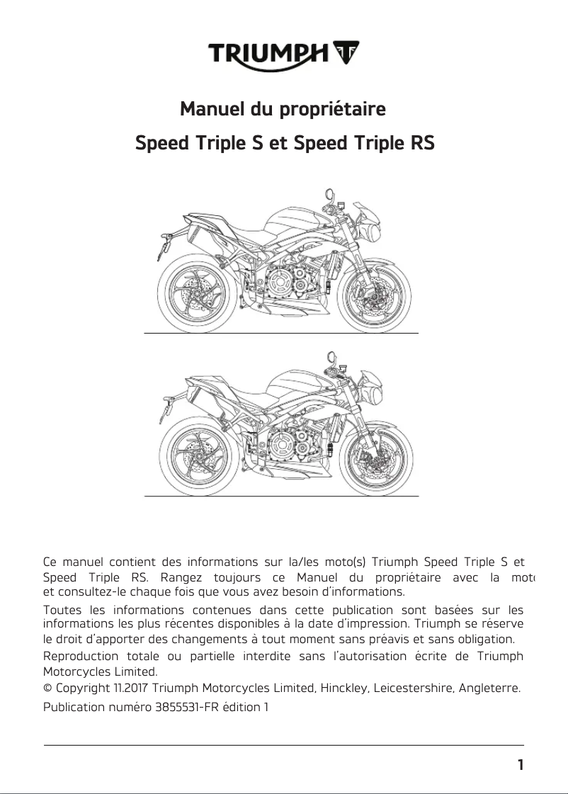 Image de la première page du manuel de l'appareil Speed Triple S (2019)