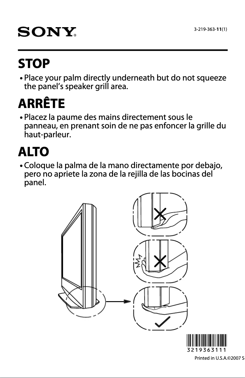 Page 1 de la notice Instructions / montage Sony Bravia KDL-52W3000