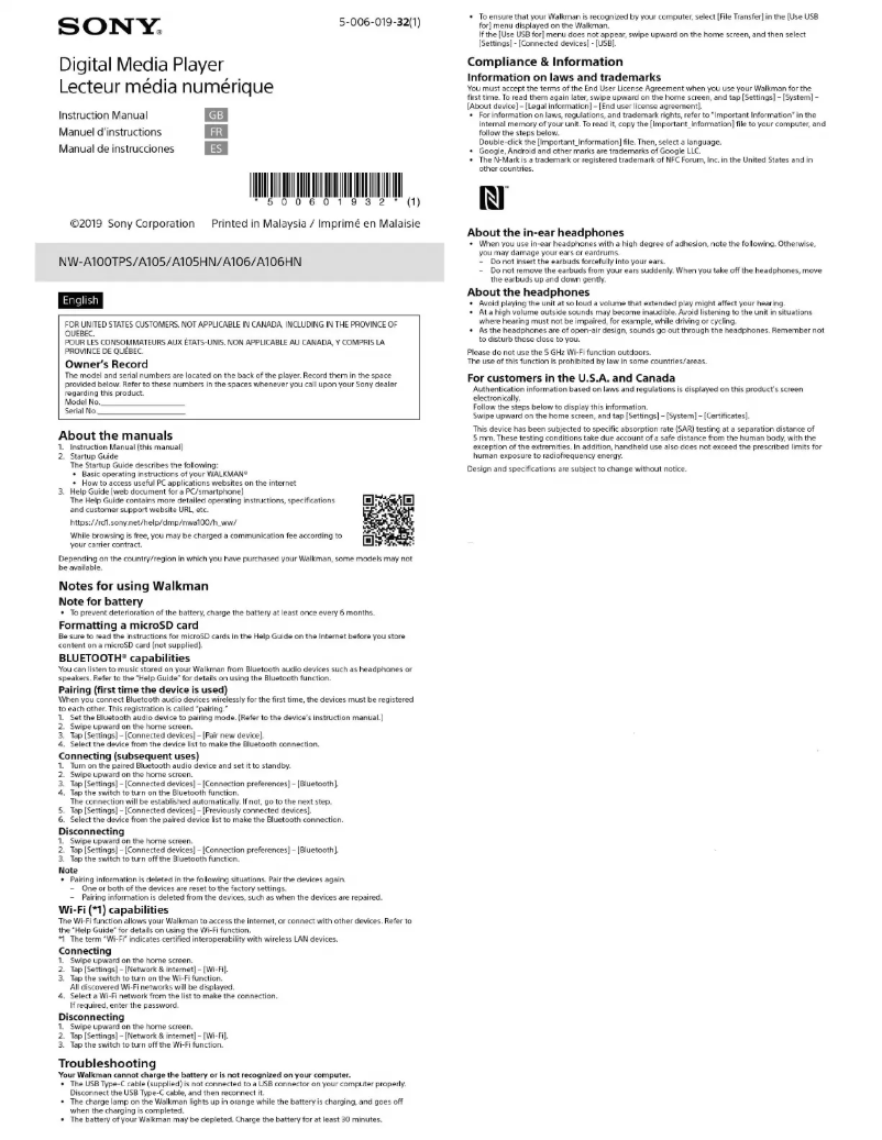 Page 1 de la notice Manuel utilisateur Sony Walkman NW-A105
