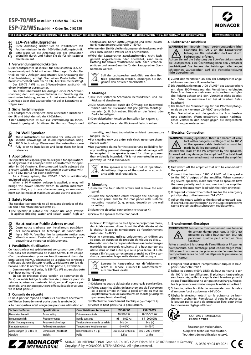 Page 1 de la notice Manuel utilisateur Monacor ESP-70/WS