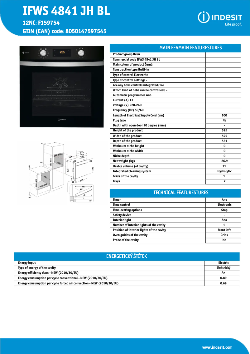 Page n°1 - Fiche technique Indesit IFWS 4841 JH BL