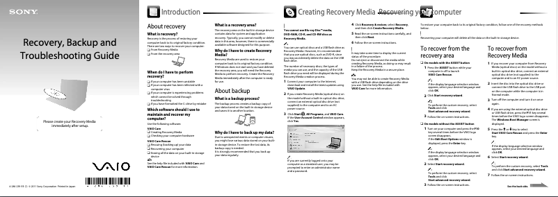 Image de la première page du manuel de l'appareil Vaio VPCEG18FA