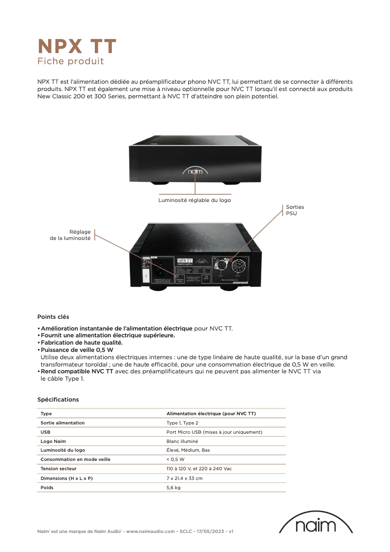 Page 1 de la notice Fiche technique Naim NPX TT