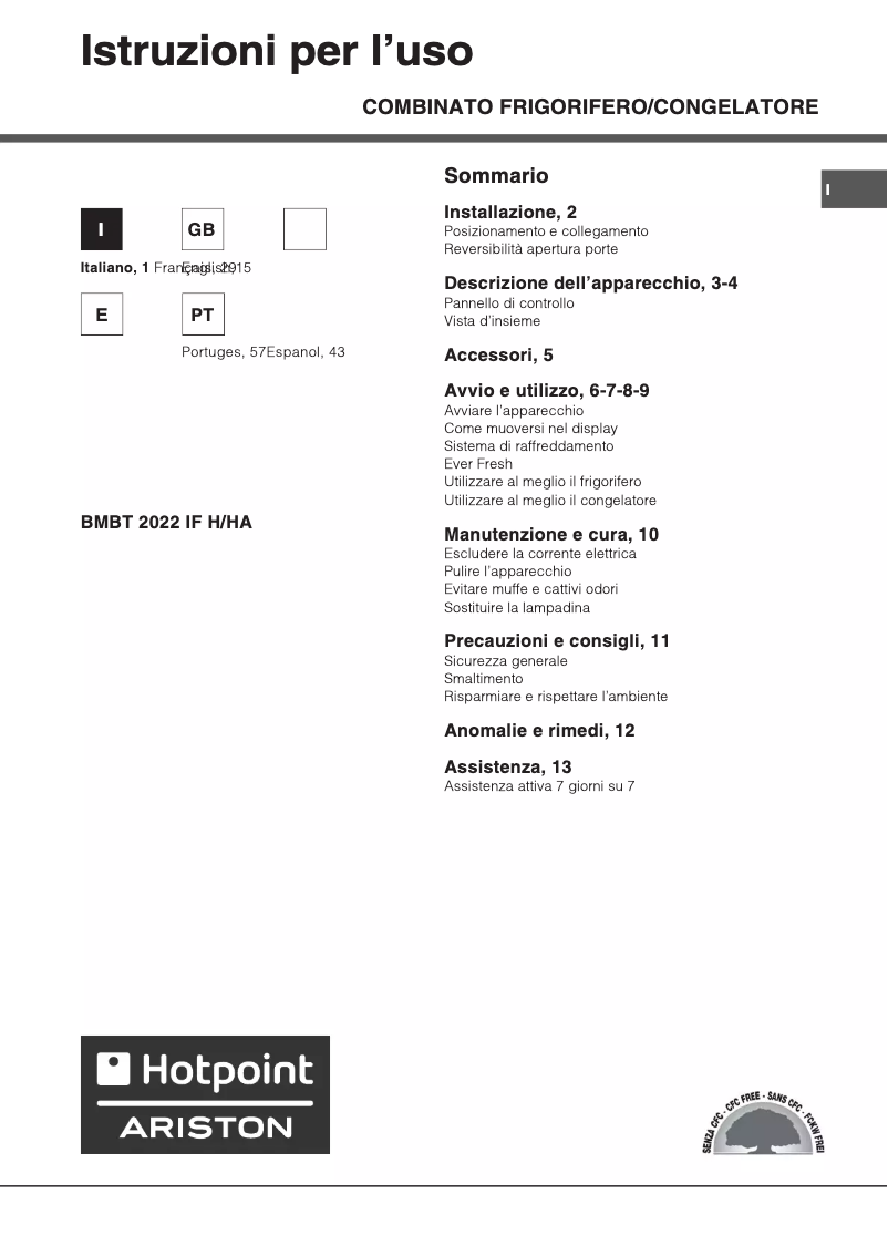 Page 1 de la notice Manuel utilisateur Hotpoint Ariston BMBT 2022 IF H HA