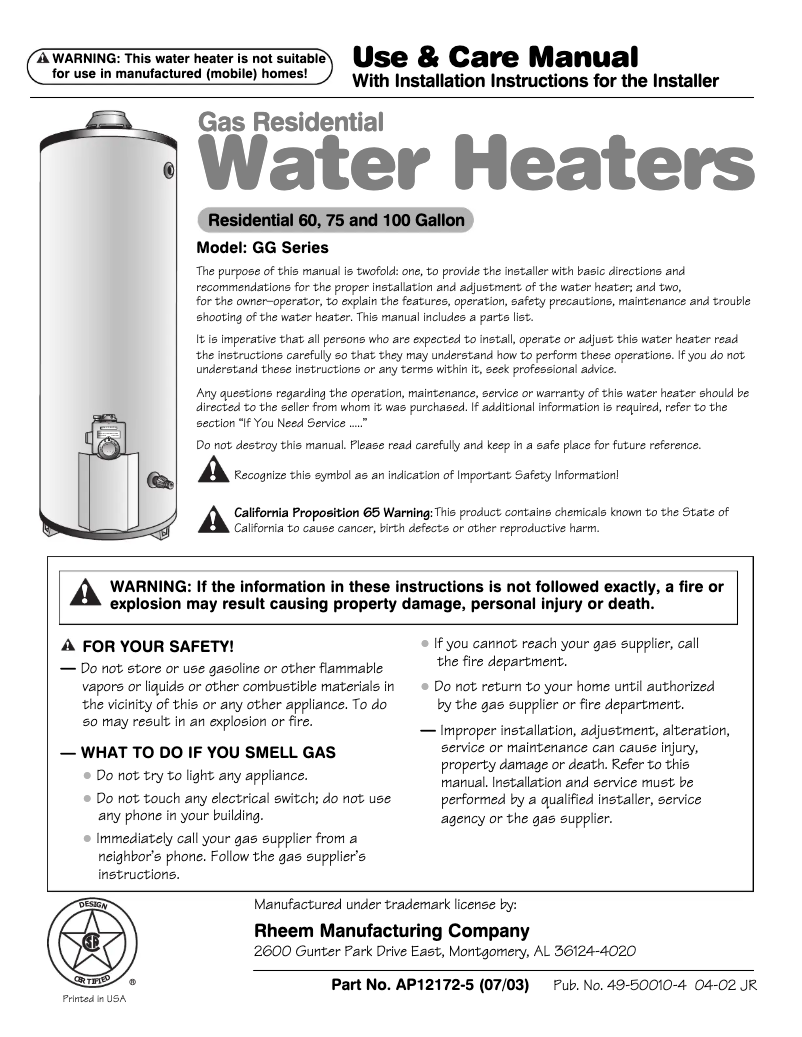 Page 1 de la notice Manuel d'utilisation et d'entretien GE GG75T06ASK